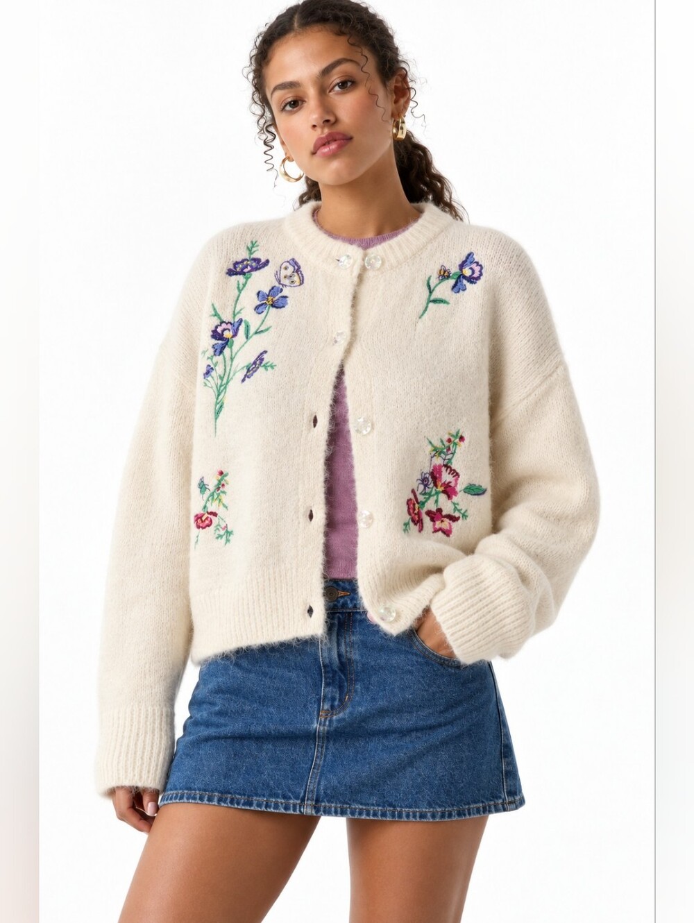 UO BDG Becca Embroidered Brushed Knit Oversized Boxy Cardigan Small BTC